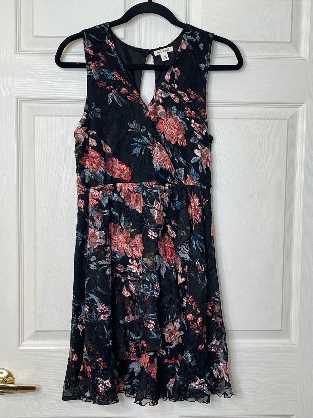 miami Black Floral Sleeveless Mini Dress with Pink & Blue Blooms